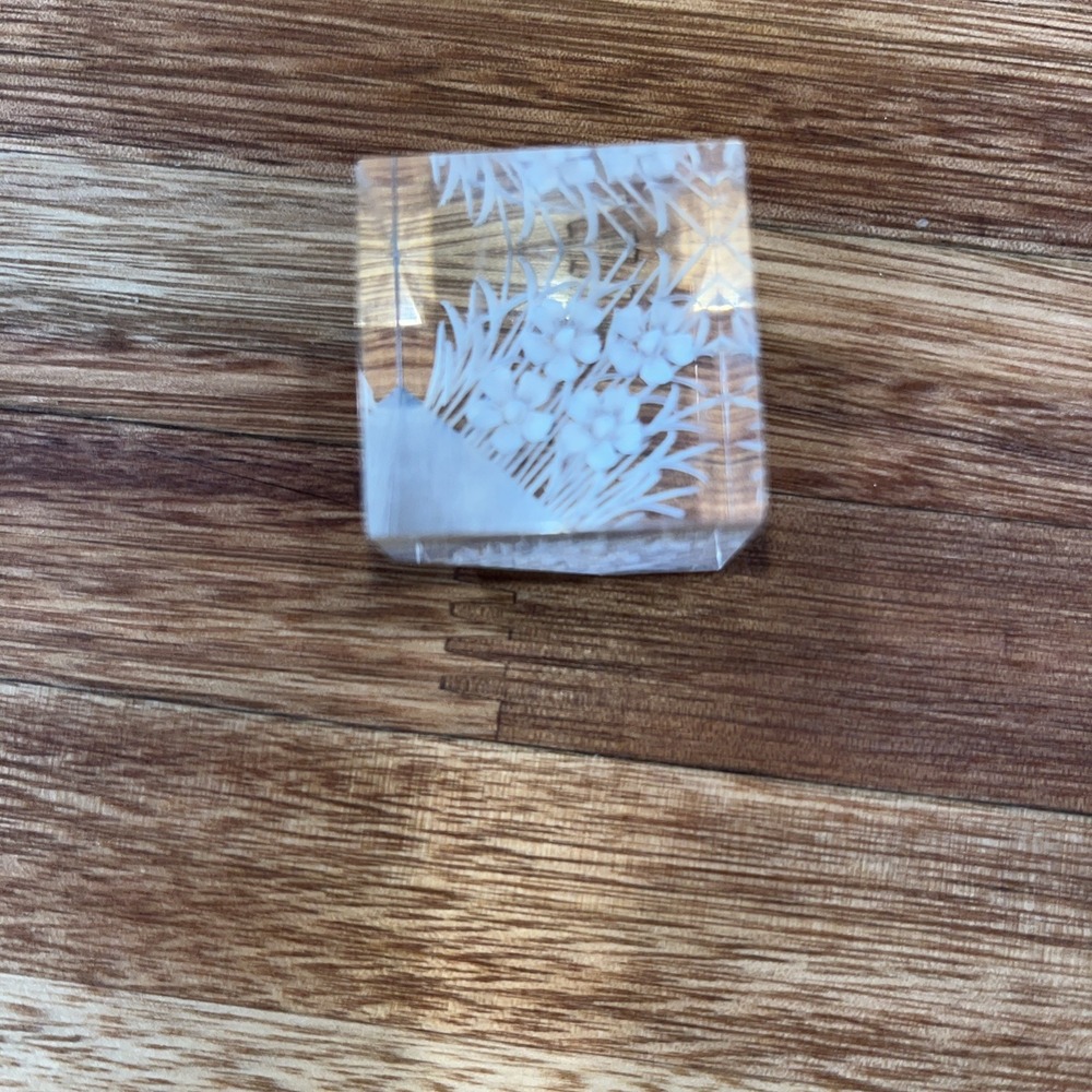 Crystal Clear Glass Cube Paperweight 3-D Laser Etched Flowers